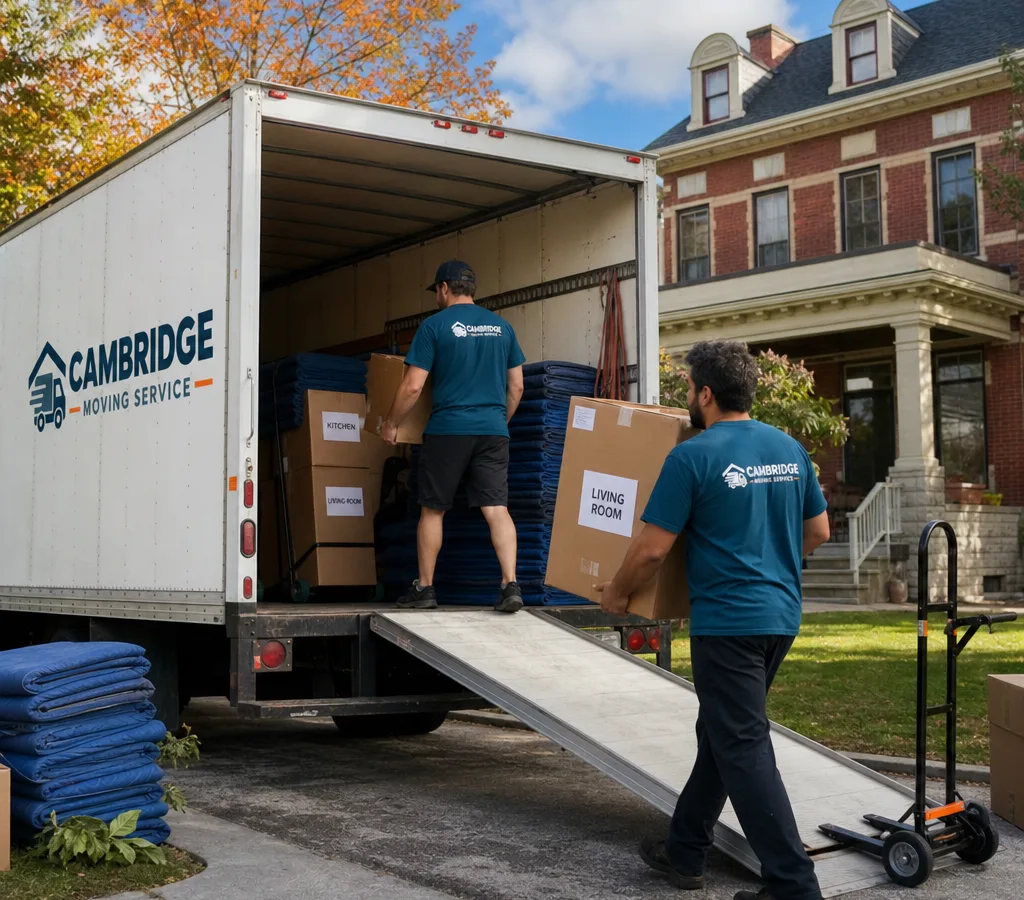 Movers loading a well-packed truck outside a Cambridge, Ontario home with labelled boxes and moving blankets visible