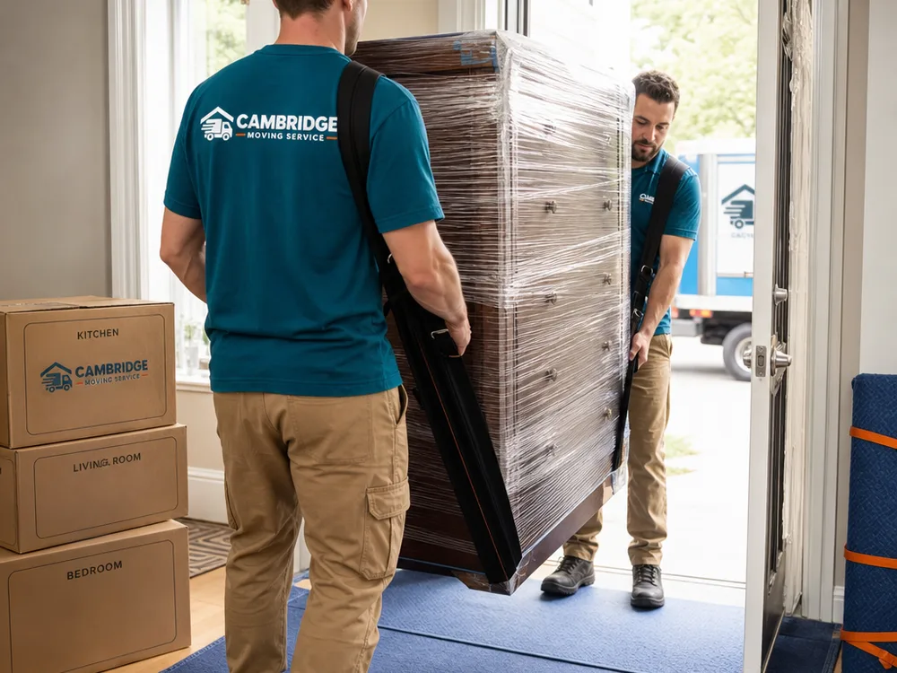 Two movers using shoulder straps to move a wrapped dresser through a doorway with floor protection and boxes labelled by room