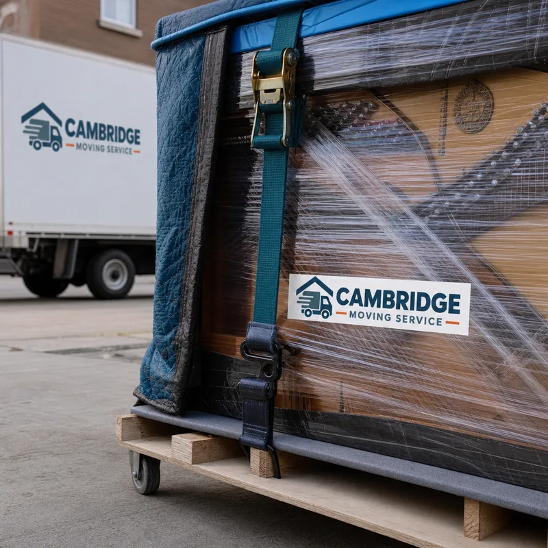 Upright piano padded and shrink-wrapped, secured to a piano dolly with straps and protective moving blankets around its corners and edges