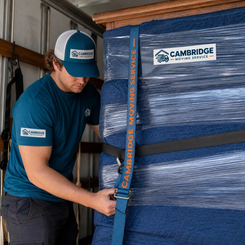 Movers wrapping a dresser with blankets and securing it inside a truck for long-distance transport