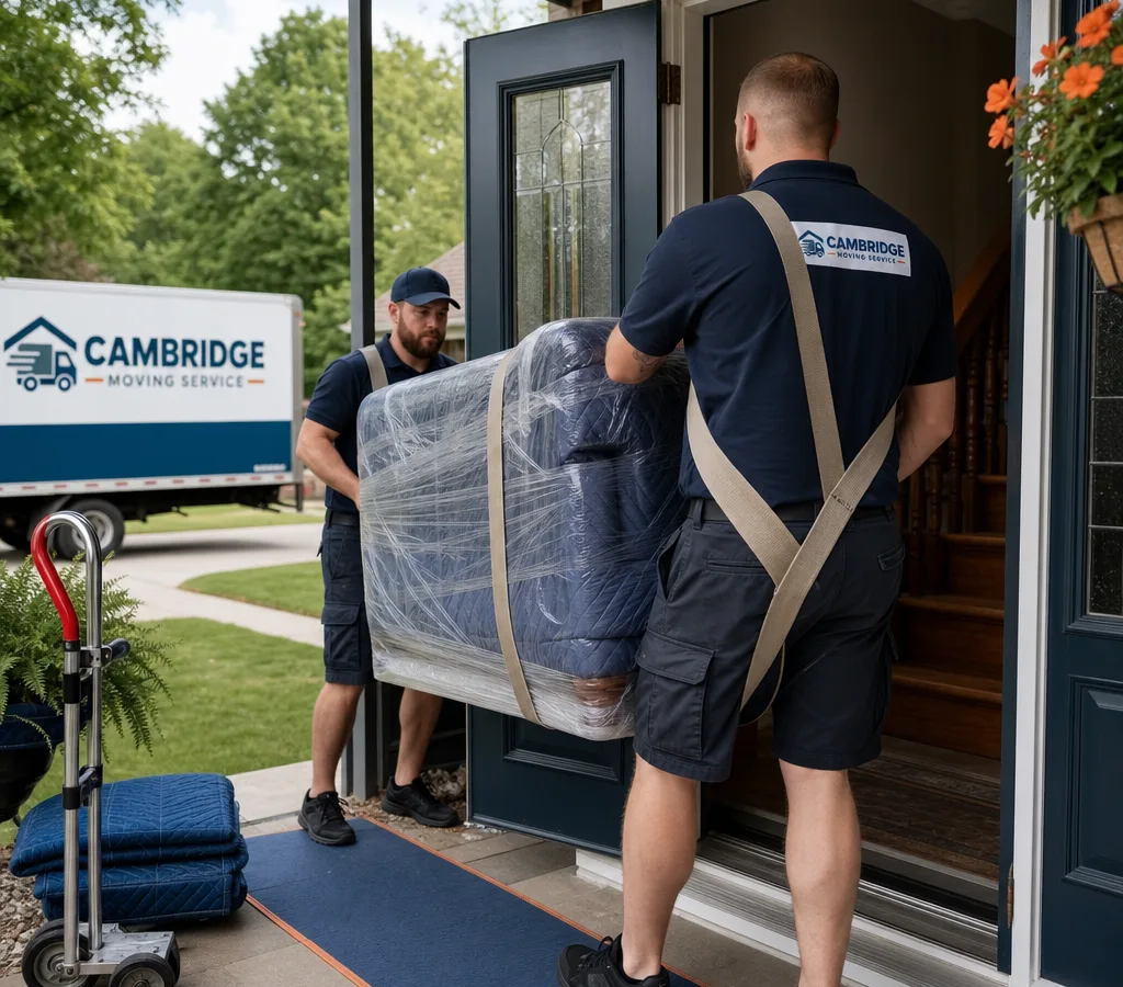 Two uniformed movers in Cambridge carrying a wrapped sofa through a front doorway using a shoulder strap and moving blankets, with a dolly and floor runners visible