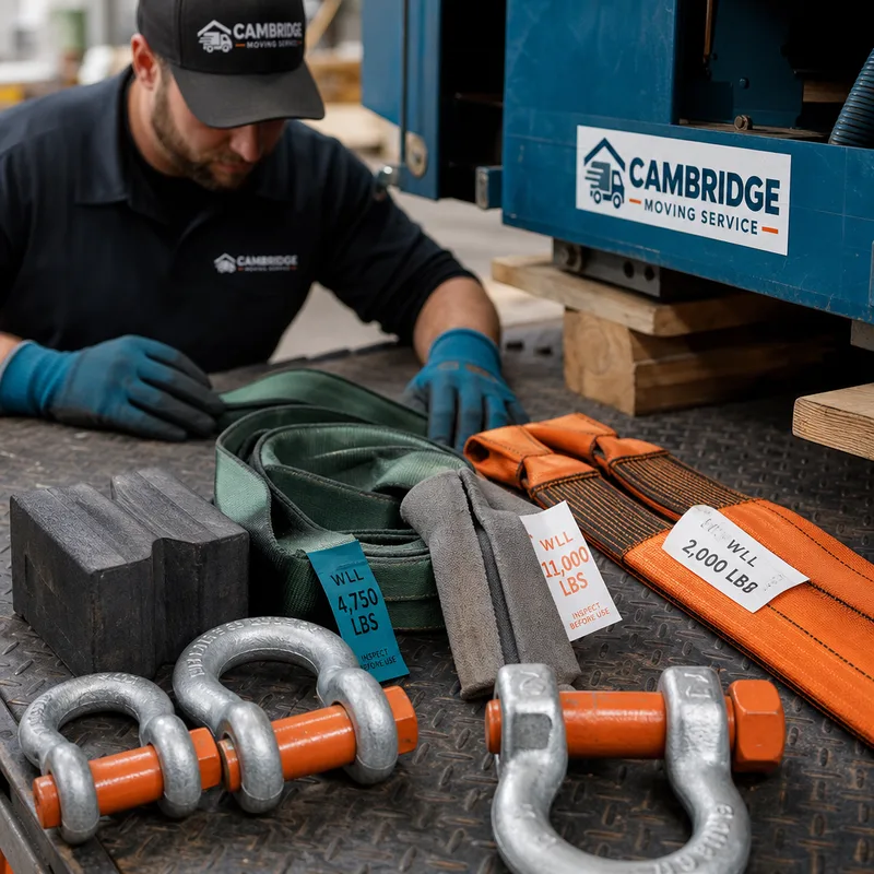 Rated shackles, slings, corner protectors, and inspection tags arranged beside a machinery base