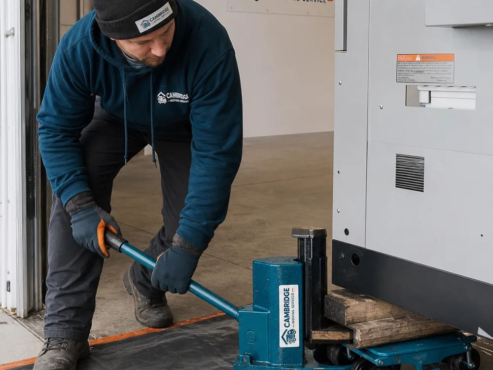 Technician using a toe jack to place heavy machinery on skates with doorway and floor protection visible