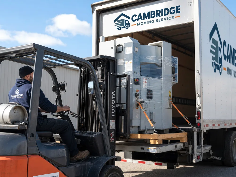 Forklift placing heavy machinery onto a truck with visible blocking and secure tie-down points