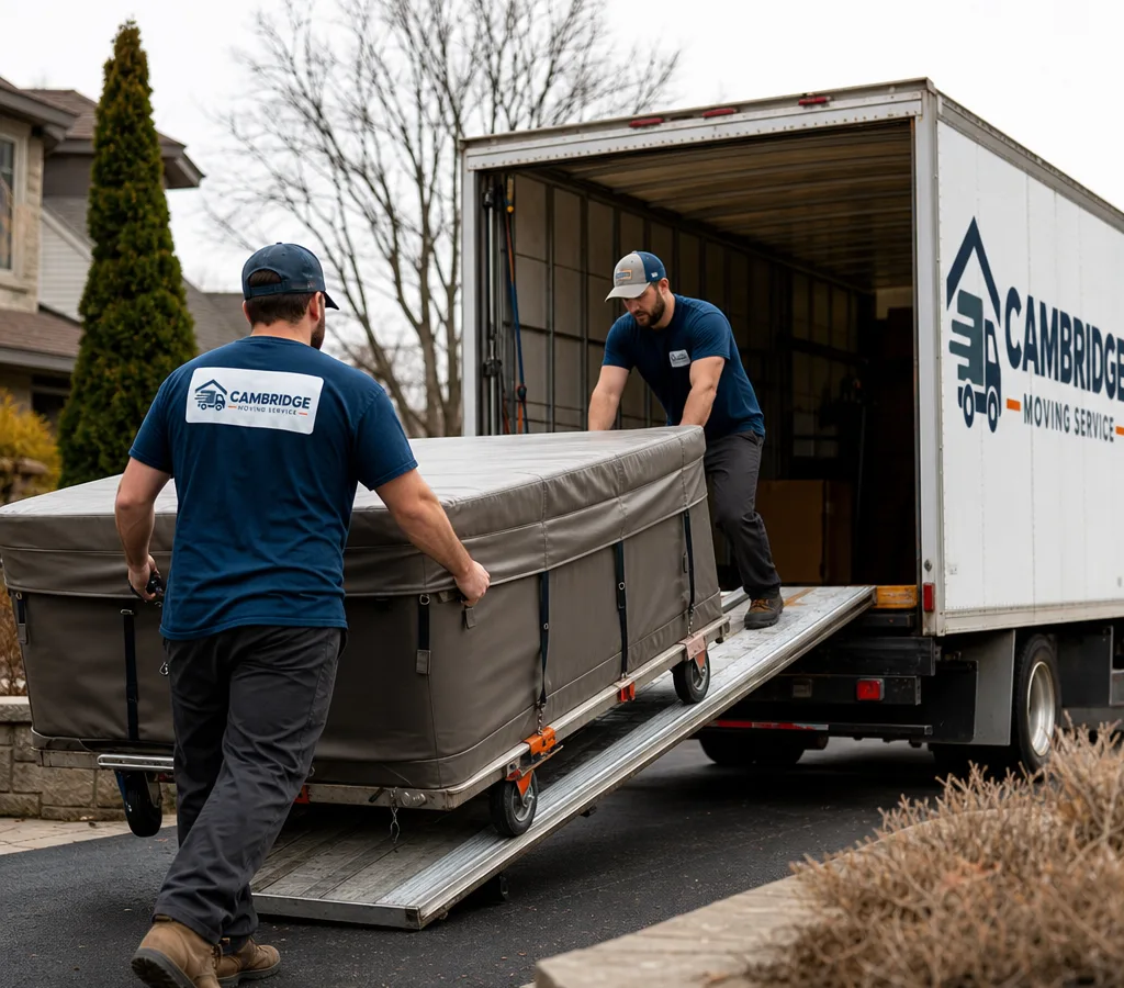 A moving crew guiding a covered hot tub on a spa dolly down driveway ramps toward a transport trailer in a residential Cambridge setting
