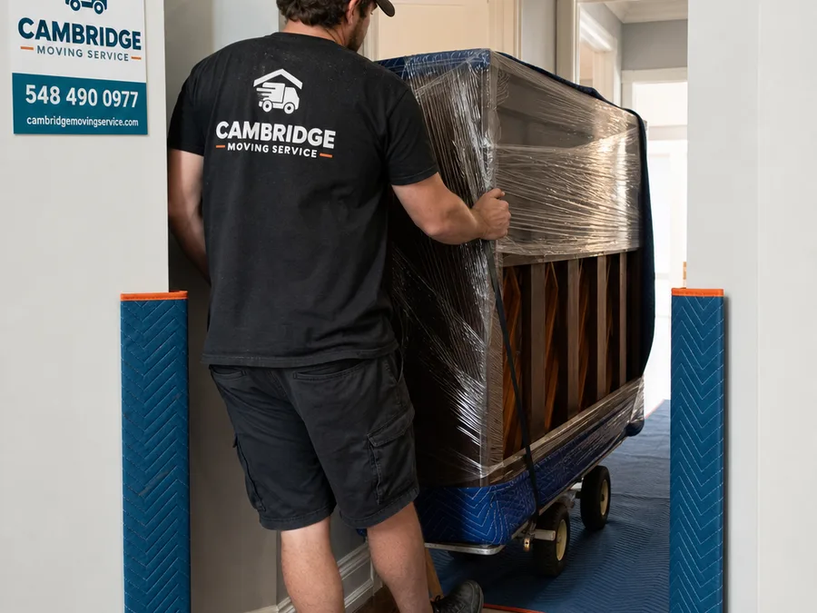 Mover guiding a wrapped upright piano through a tight hallway turn using a piano dolly, with corner guards and floor runners in place